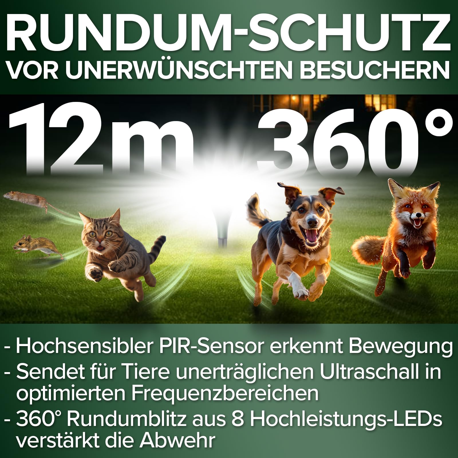 GRUNDIG perfekte Ultraschall Abwehr gegen Katzen und Hunde im Garten - 360 Grad Katzenschreck Hundeschreck Bewegungsmelder mit 8 Blitzlichtern, 2 Frequenzbändern, Solar, Akku, IP44 wasserdicht (Gerät)