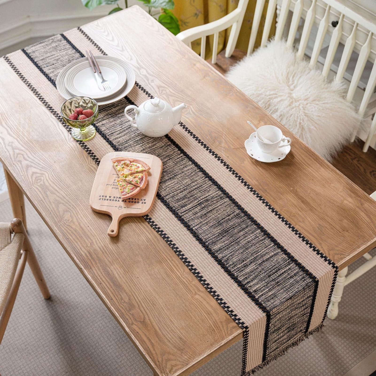 Beige Schwarz Tischläufer Baumwolle Leinen, Makramee Boho Tischläufer Esstisch Abwaschbar Gewebter Gestreift mit Quasten Tischdecke für Küche Esstisch Dekor, 35x450 cm, Beige Schwarz