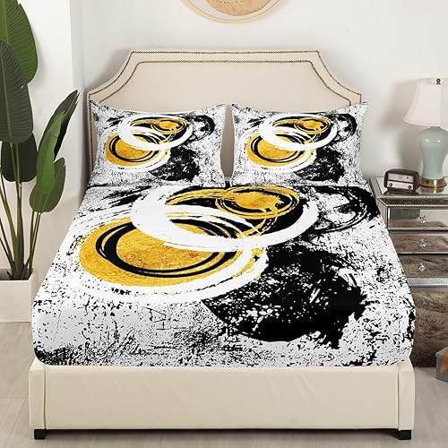 Miniatura 10 de Manfei Juego de sábanas bajeras modernas de tamaño individual, diseño de líneas geométricas de círculos geométricos, 2 piezas para decoración de