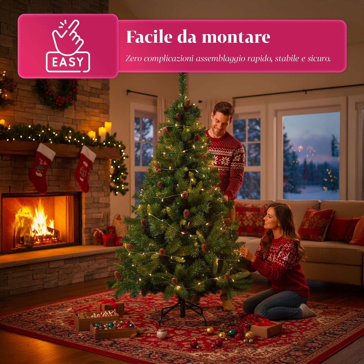 Albero di Natale Artificiale con Pigne da 150 cm con 438 rami. Perfetto per Interni, Pronto per Essere Decorato con Luci e Ornamenti Natalizi con Base in Metallo e Innesto Facile Ø 70 cm