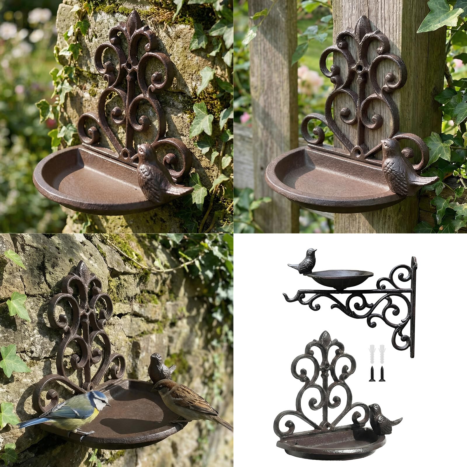 Ciotola per mangime per Uccelli Rurale in ghisa montata a Parete con Vasca per Uccelli Selvatici dal Design Nordico per la Decorazione del Cortile Esterno