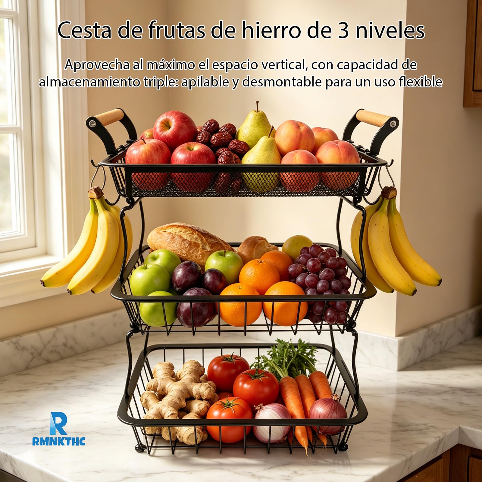 Cesta de Frutero de 3 Niveles, Soporte de Frutas de malla con 2 Ganchos para Plátanos, Encimera de Cocina, Aparador, Despensa, para Almacenar Pan, Aperitivos, Frutas y Verduras (Negro)
