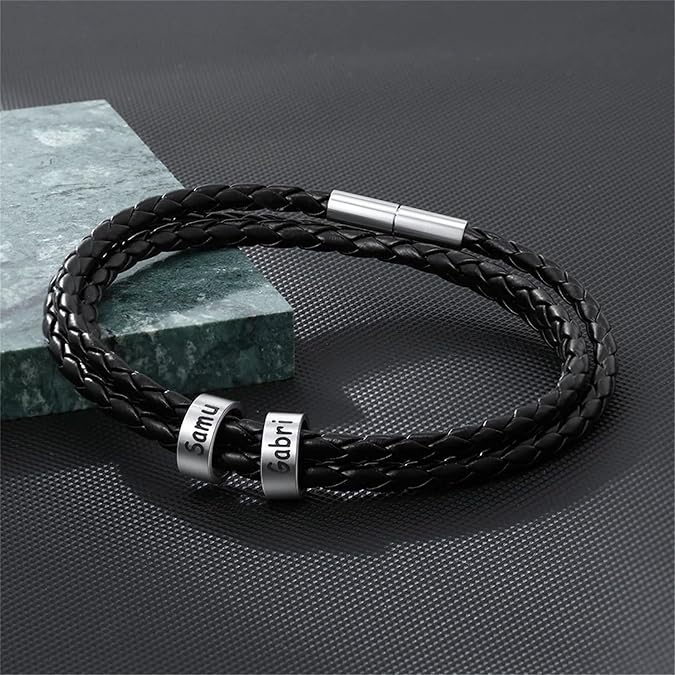 Yofair Custom Mens Bracelet with Family Name Personalized Braided Leather Bracelet Engraved Bracelets Fathers Dad Gifts for Men
