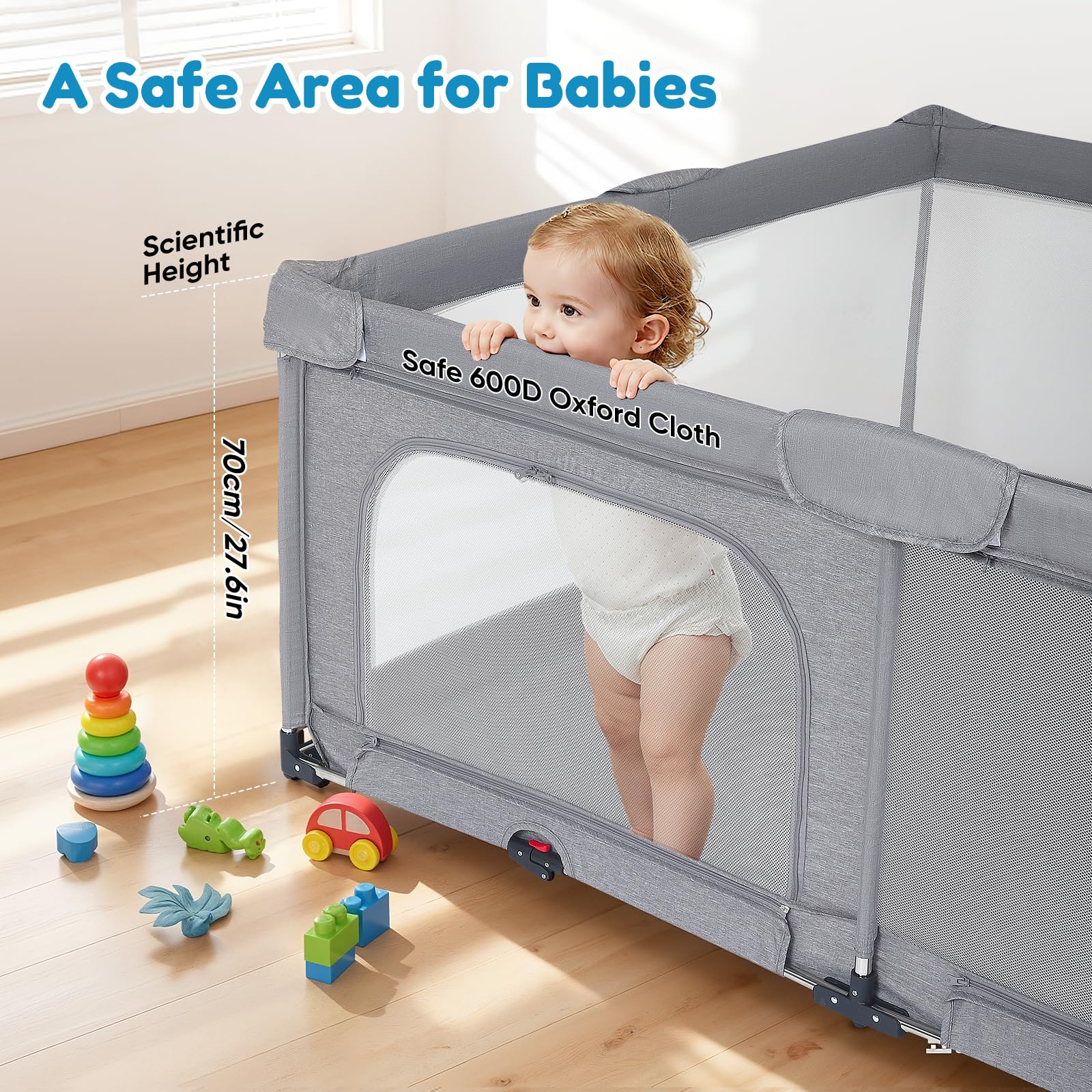 Faltbarer Laufstall Baby 180x150cm, 2 Seiteneingänge, Netz, weiche Kanten | Ohne Montage Nutzbar,Indoor & Outdoor Laufgitter & -Ställe mit Atmungsaktivem Netz & Pull-up Rings