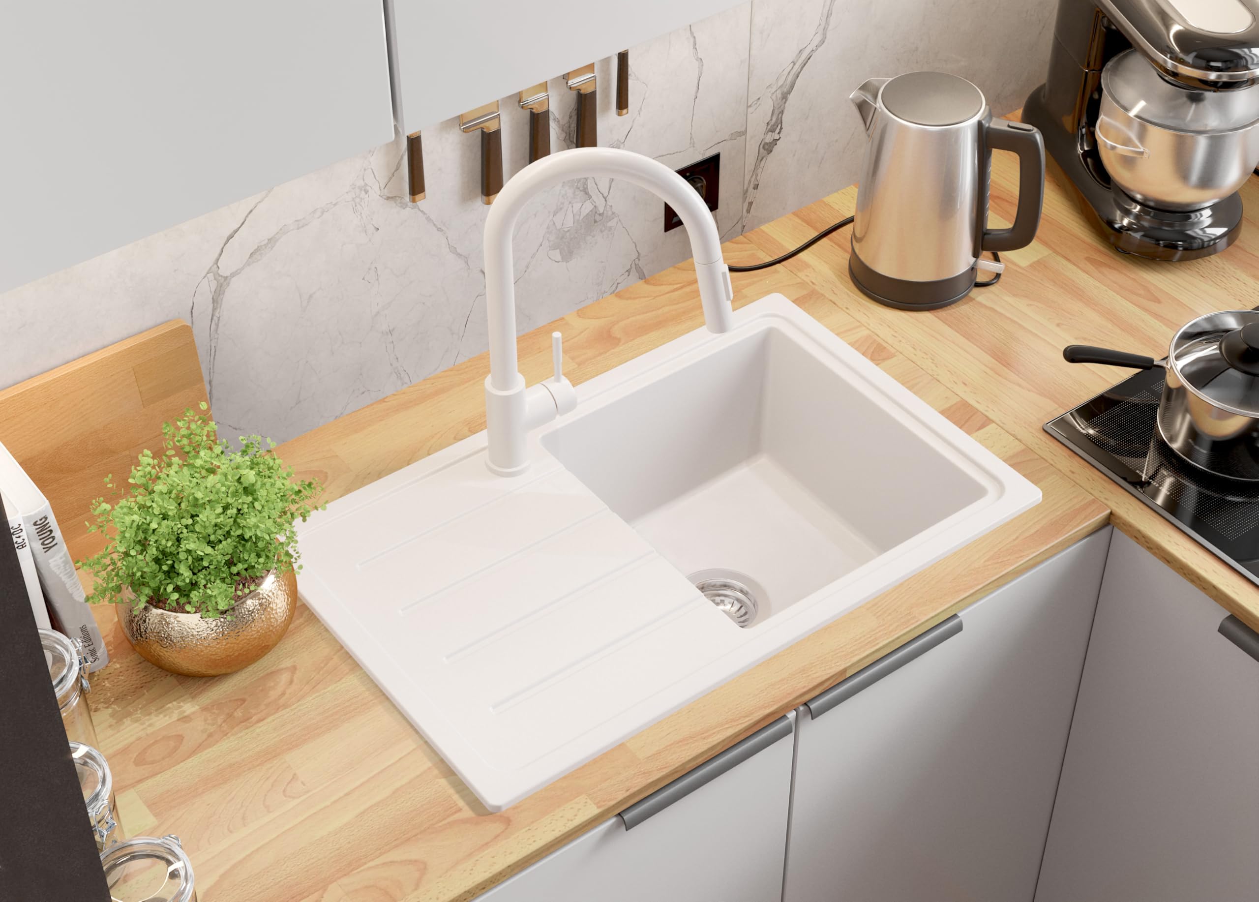 PRIMAGRAN Lavandino da Cucina Bianco 70x44cm, Lavello in Granito a 1 vasca + Rubinetto 32x20cm + Set di accessori, Lavabo da Cucina Incasso al Mobile 45cm - Copenhagen Easy S047
