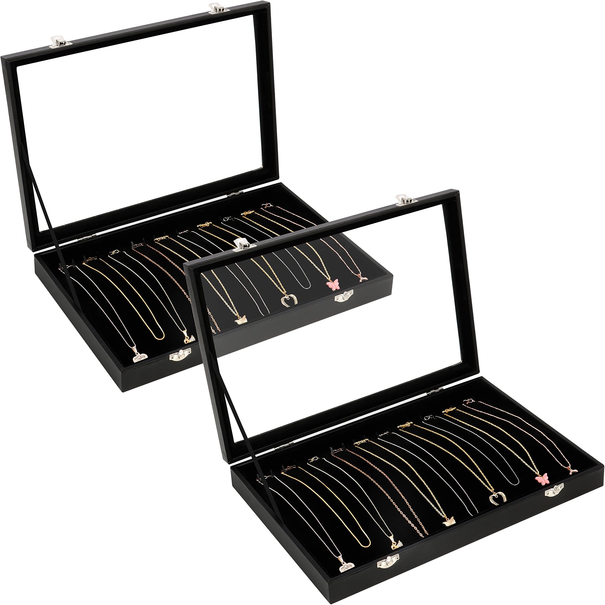 Kurtzy 2 Pack Black Velvet Necklace Jewellery Organise Storage Display Case Box Tray with 20 Hooks and Lockable Glass Lid - Stackable Tray for Drawer - For Necklaces, Bracelets, Earrings and Anklets