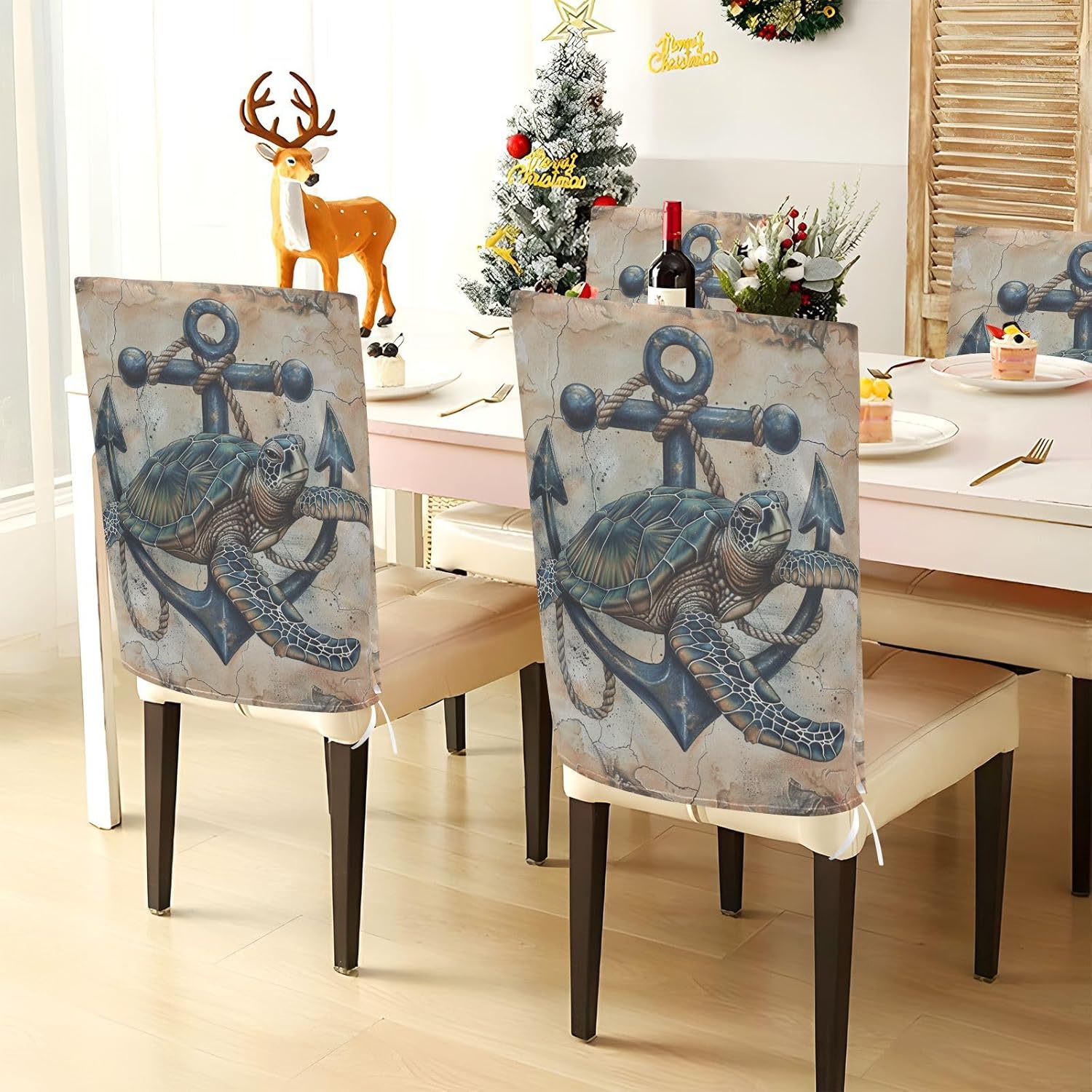 ALAZA Nautical Turtle and Anchor Chair Back Cover Set of 6, Washable Reusable Removable Chair Slipcovers Decorative Chair Cover for Home Kitchen Wedding Party