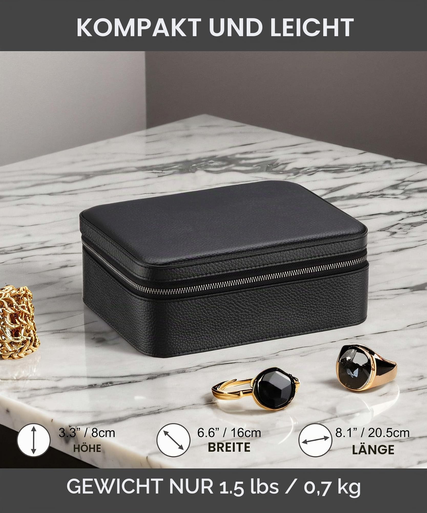 Uhrenbox aus echtem Leder für Herren, Reiseetui mit Brillenfach, Tragetasche aus genarbtem Echtleder für 3 Uhren, Uhren-Reiserolle, Reißverschluss (Schwarz)