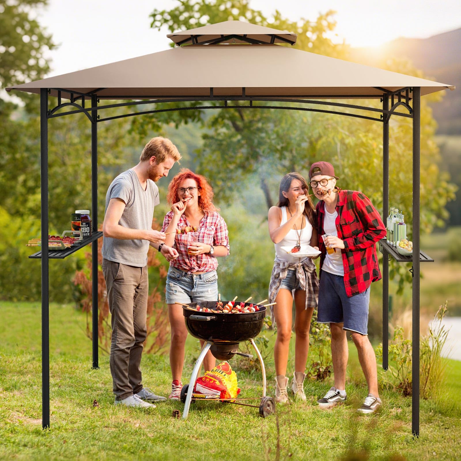 COSTWAY Carpa de Barbacoa 242 x 150 cm, Pergolas de Jardin de Techo Doble con 2 Estantes, 6 Ganchos, Estructura Metálica, Cenador para BBQ Jardín Terraza Fiesta Picnic (café)