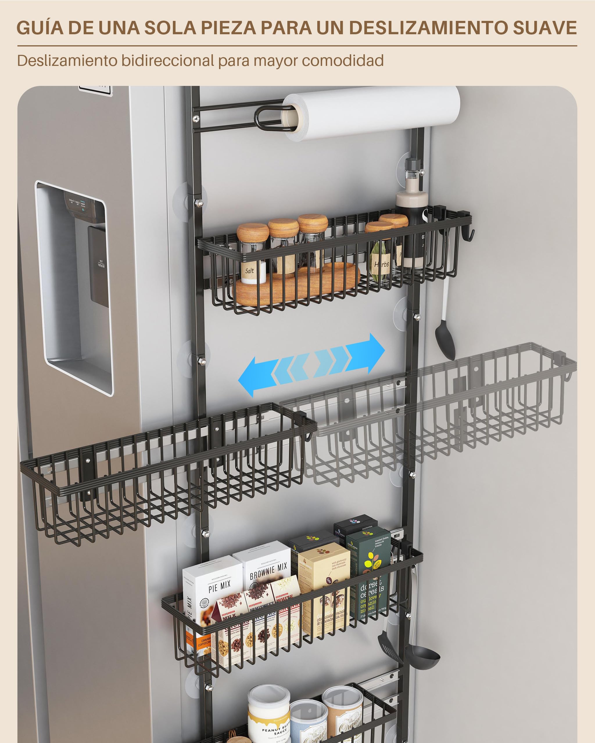 UMDONX Organizador de Especias 7 Niveles con Bandejas Deslizantes, Especiero para Puerta de Cocina con Portarrollos de Papel Integrado, Negro