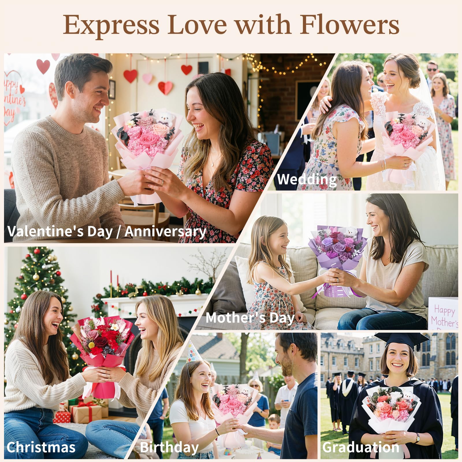 Emibele Flowers for Delivery Prime, Preserved Flowers Bouquets, Eternal Pink and White Roses with Bear, Valentines Mother's Day Birthday Anniversary Graduation Flower Gifts for Her Girlfriend Women
