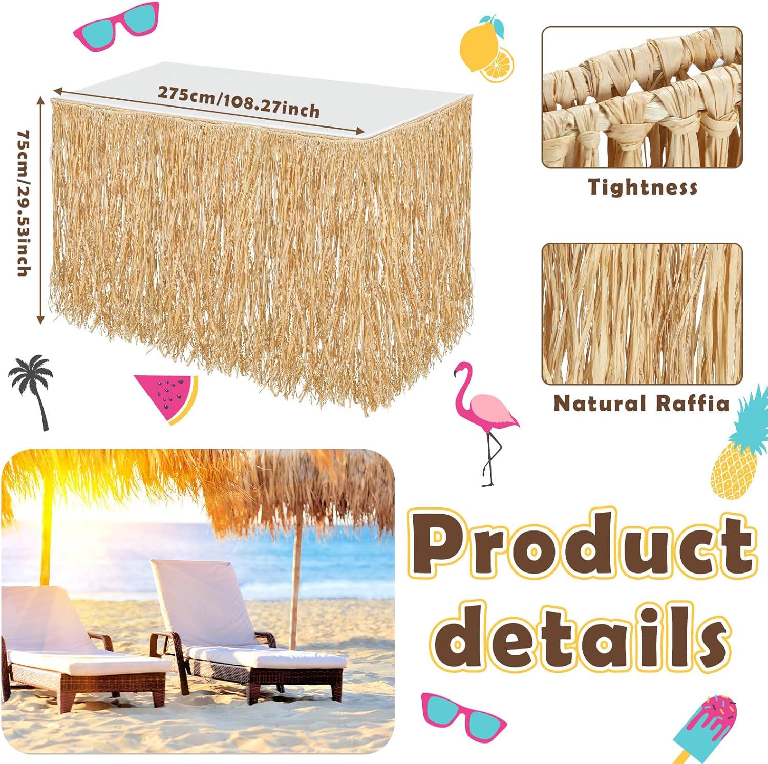 Tatuo Natural Raffia Table Skirt Luau Hawaiian Skirt Table Grass Beach Fringe Decoration for Tropical Birthday Party Tiki Bar, Chair, Deck, Luau Tropical Hawaiian Party (4 Pack, 108 x 30 Inch)