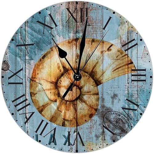 Miniatura 36 de ArogGeld Reloj de pared de PVC de mediados de siglo, concha, números de playa, estilo océano con números romanos de 10 pulgadas, funciona