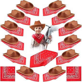Funtery 24 Pcs Kids Cowboy Hat with Red Bandanna Sets Western Cowboy Hat for Birthday Masquerade Dress up Cosplay