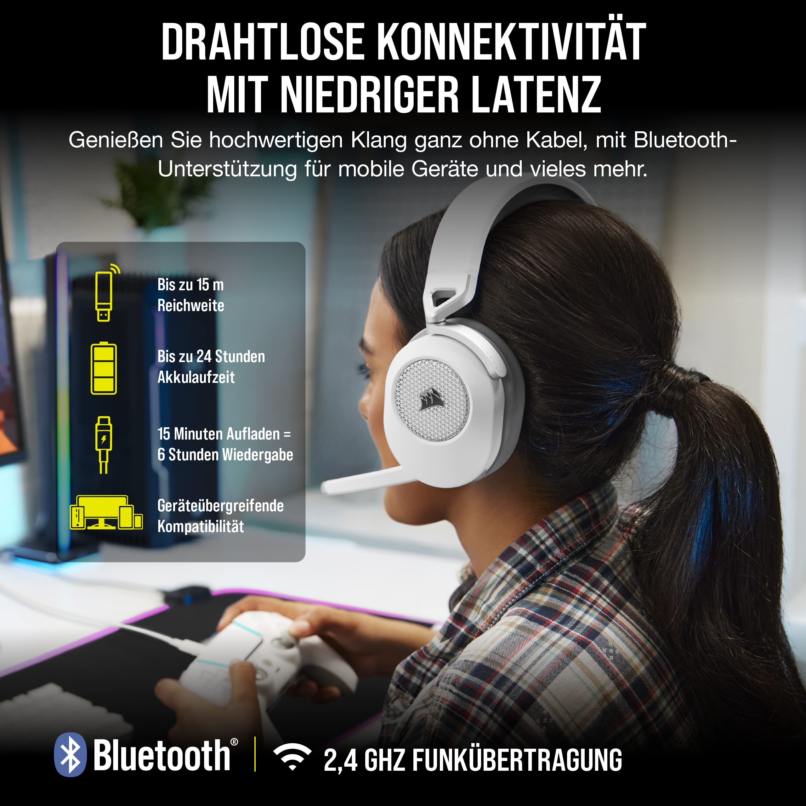 Corsair HS65 Wireless Gaming Headset Bluetooth Dolby 7.1 Surround Sound – Bianco (ricondizionato)