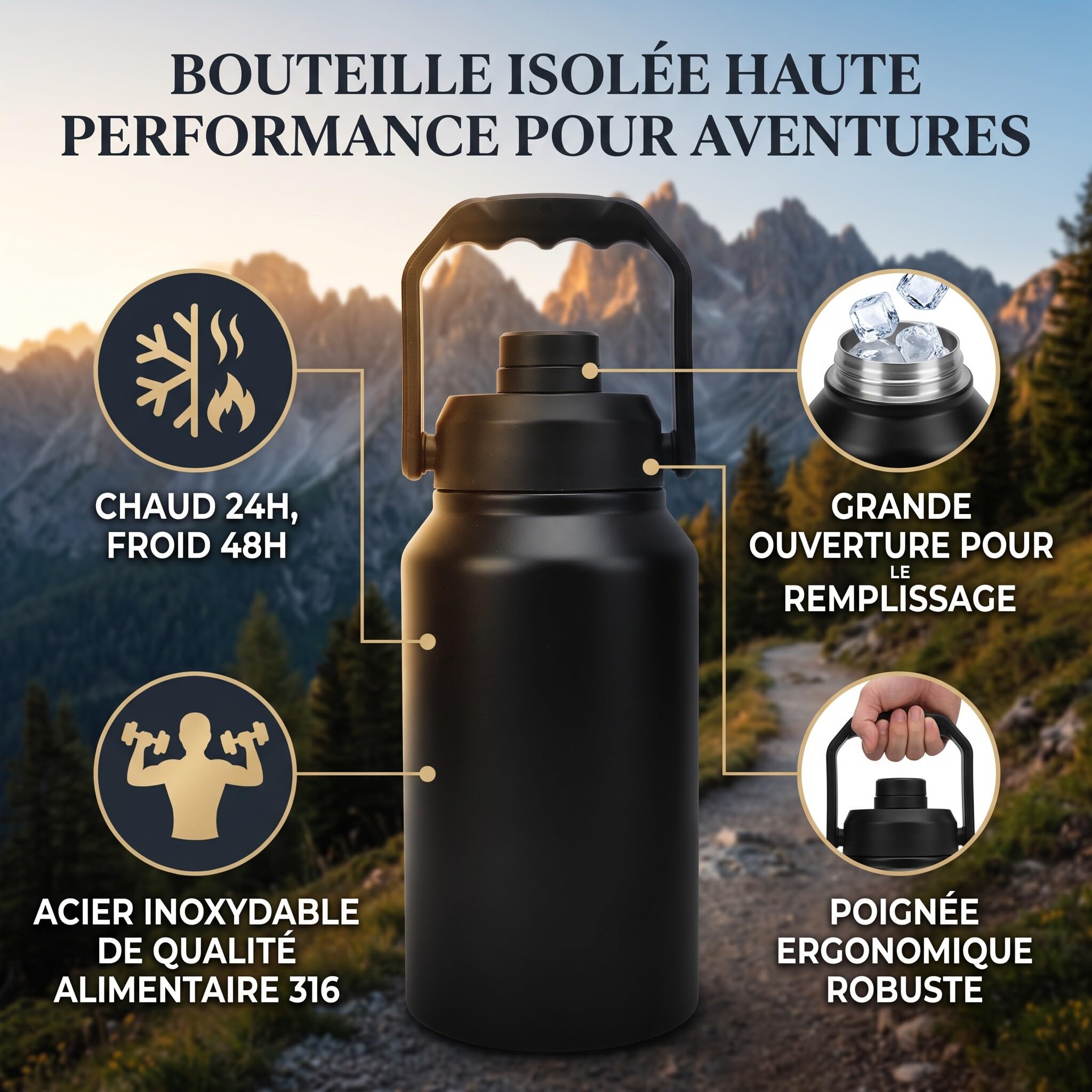 Haofy Bouteille d'eau Isotherme, en Acier Inoxydable 3L, Triple Isolation, Froid 48 Heures, Chaud 24 Heures (BLACK)