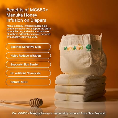Miniatura 3 de ManuKind Pañales para bebé, infusión de miel de manuka, ultra suaves, materiales a base de plantas, comodidad de secado rápido, protección contra