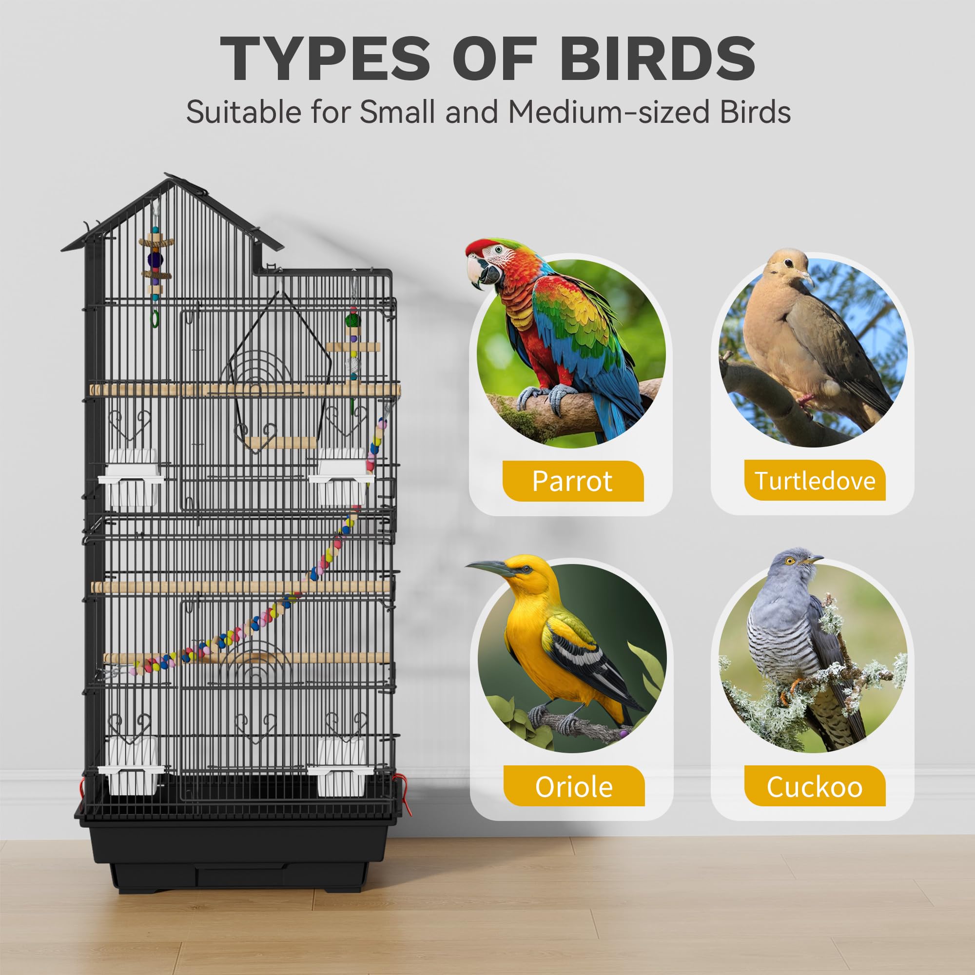 DWVO 62-inch Metal Bird Cage: Bird Cage Spacious for Cockatiels, Parrots, Pigeons, Lovebirds, Features Roof Access and Rolling Stand Black - image 3