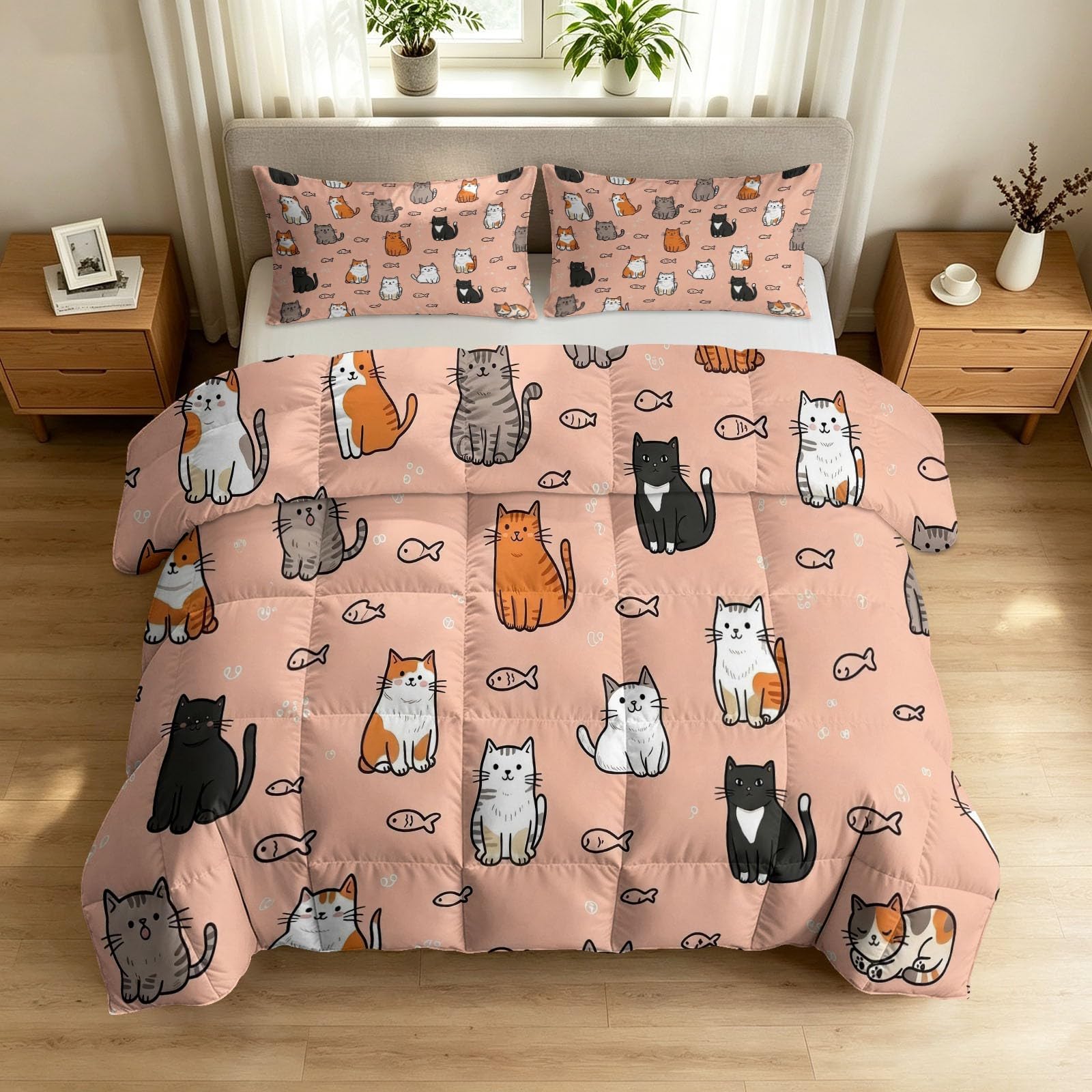 Edredón 4 estaciones con estampado de gatos para habitaciones infantiles