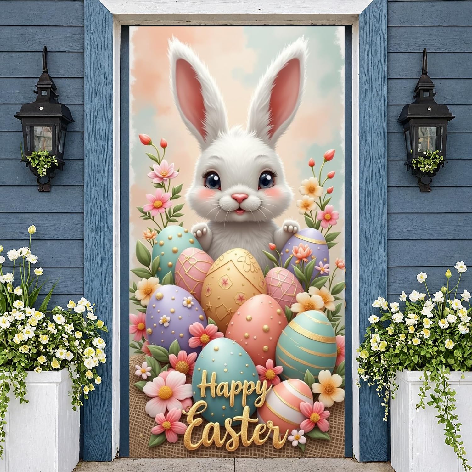 Happy Easter Door Cover Bunny Eggs Door Banner Decoration Welcome Spring Front Proch Door Sign Banner for Spring Easter Indoor Outdoor Holiday Party Decorations, 71 x 35 inches