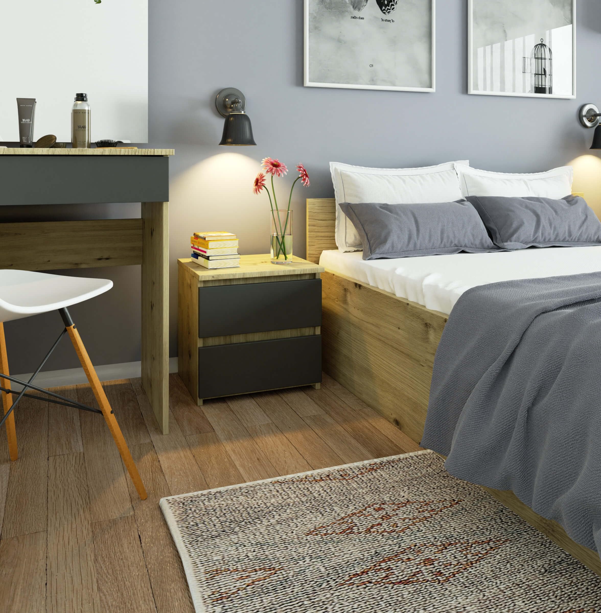 AKORD | Mesita de Noche pequeña con 2 cajones | Armario de Dormitorio | Mueble Multiusos | CajoNero Escritorio | 40 x 40 x 35 cm | Laminado de aglomerado de 16 mm | Roble Artisan