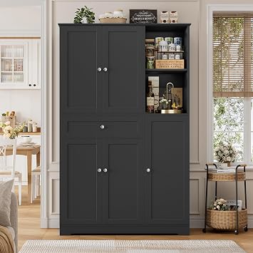 FirFurd Kitchen Cupboard Tall Kitchen Cabinet with Spice Rack & Doors Black | Pantry Cupboard with 5 Doors & 2 Open Shelves, Sideboard Storage Cabinet Free Standing, Dining Room Furniture, 173x104x40cm