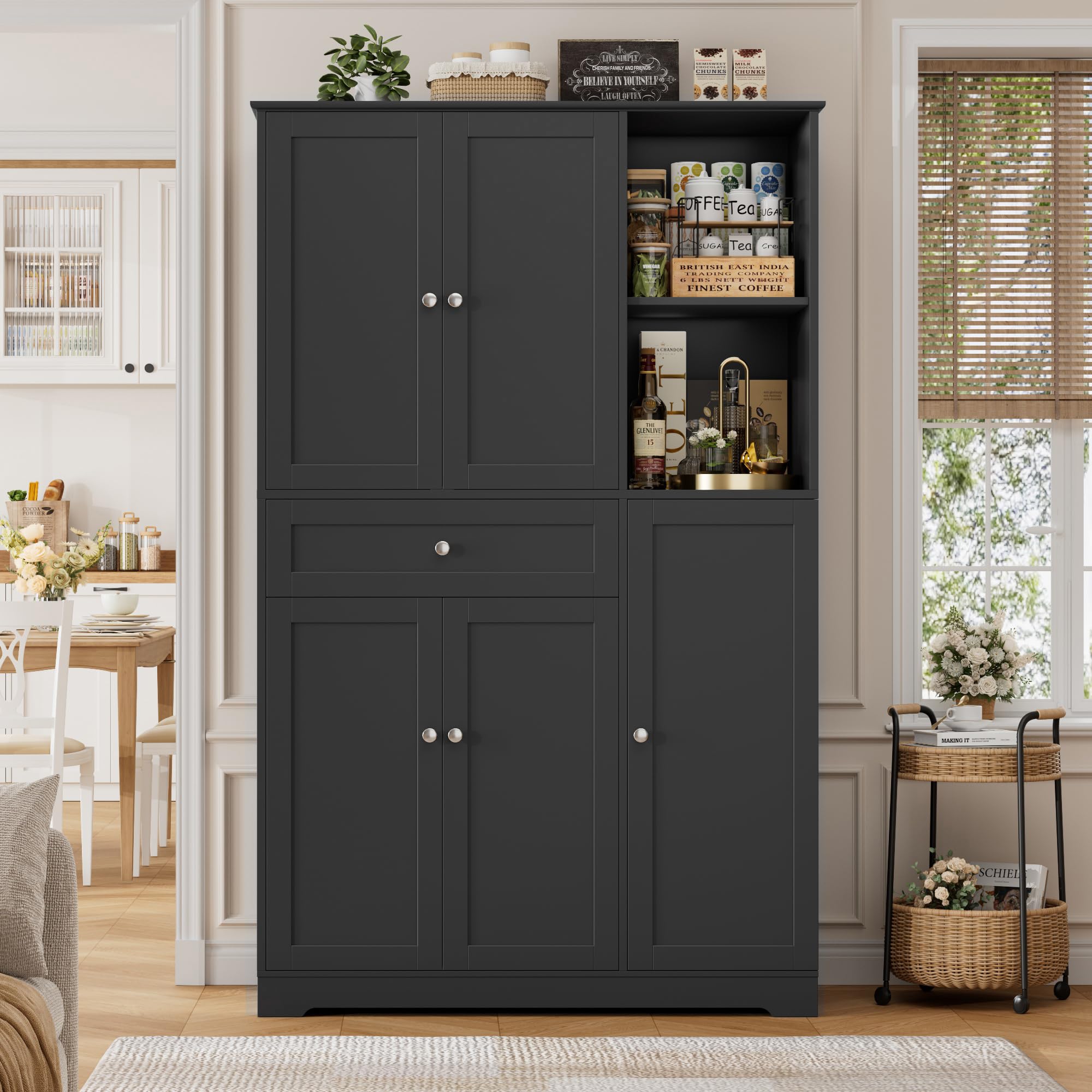 FirFurd Küchenschrank mit Gewürzregal Mehrzweckschrank Vorratsschrank Buffetschrank mit 5 Türen und 1 Schublade Küchenmöbel Hochschrank für Küche Wohnzimmer Flur 173x104x40cm schwarz