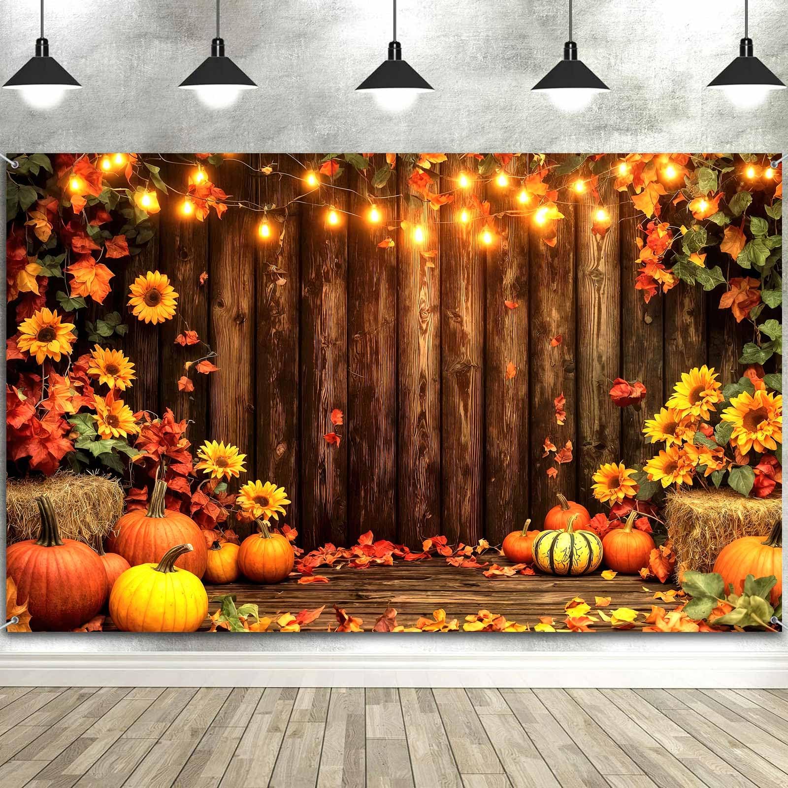 8x6FT Fall Photography Backdrop Autumn Thanksgiving Harvest Maple Forest Leaves Pumpkin Sunflower Wooden Background Party Decoration Photo Studio