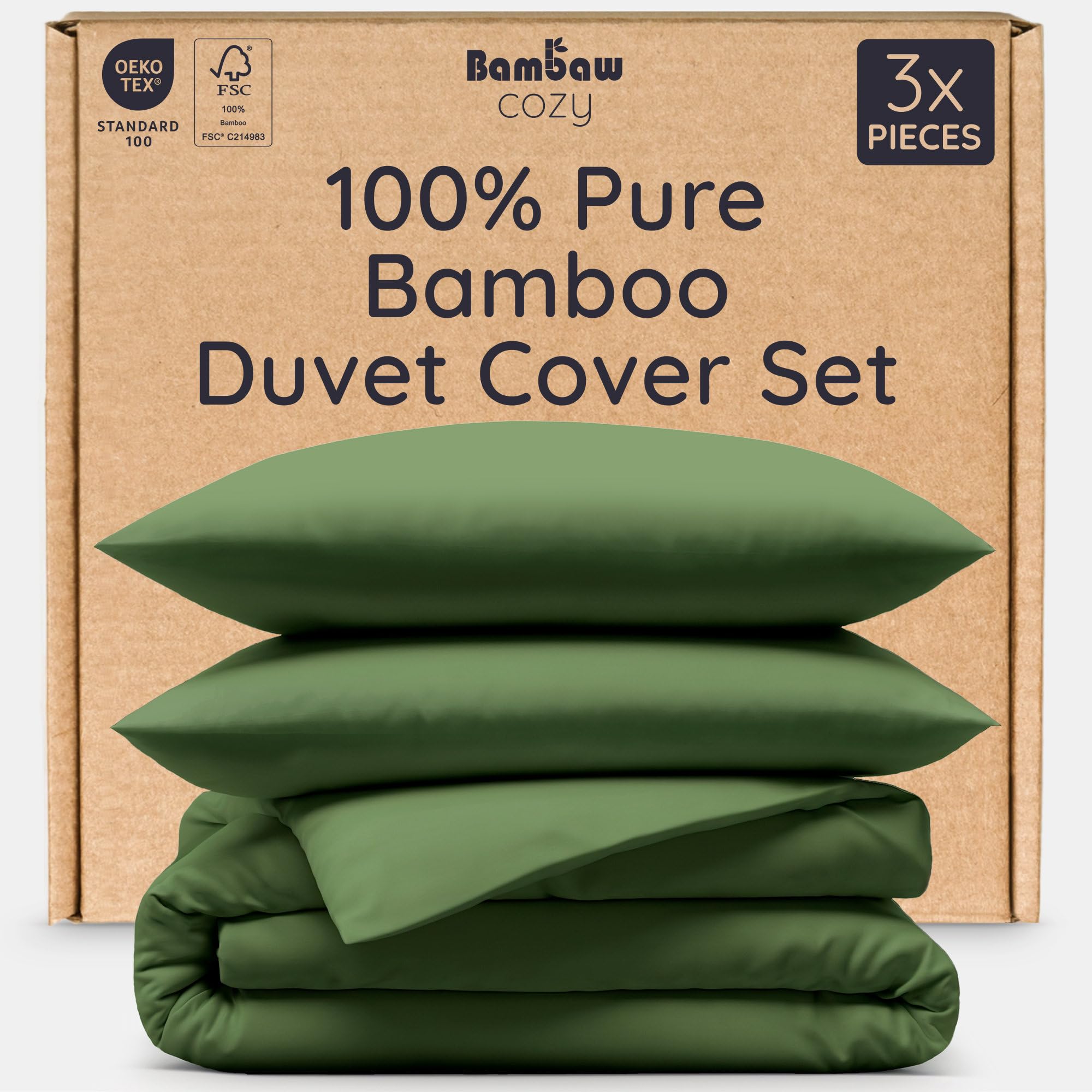 Bambaw Double Duvet Cover Set (200 x 200 cm), 3-Piece Bamboo Bedding Set with Bamboo Pillow Cases 2 Pack (50 x 75 cm) with Envelope Closure, FSC® & OEKO-TEX® Certified, Cooling & Anti-Allergy (Olive)