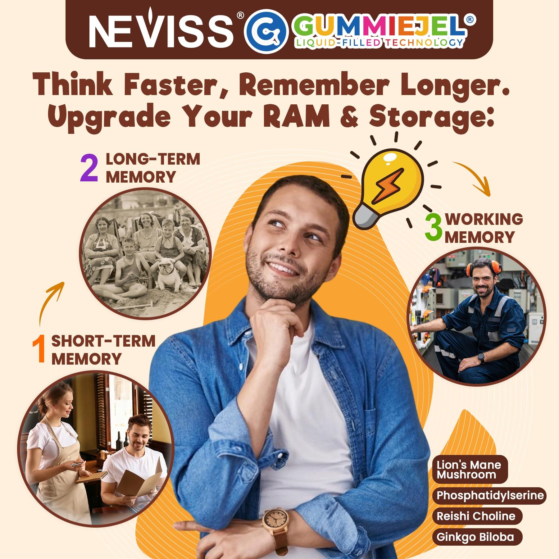 Neviss Teen Vitamin Gummies w/Mushroom, Kids 10+ Focus Brain Gummies w/Lion's Mane, Multivitamin B12 B6 D3 C for Teens & Adults Memory & Energy, PS, L-Tyrosine, Ginkgo Biloba Filled Gummy, Sugar Free — Amazon image 7