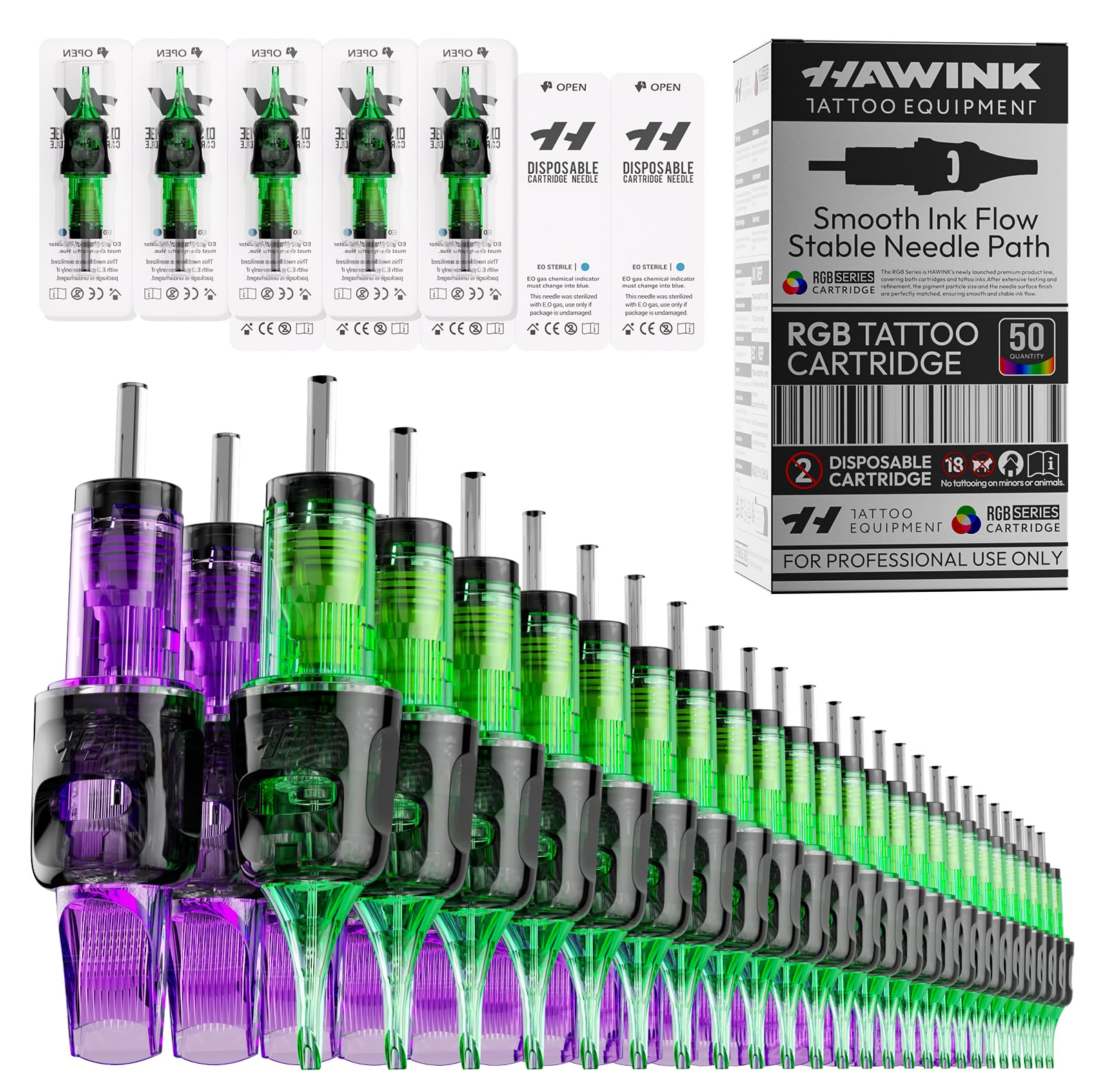 HAWINK Aghi Tatuaggi Kit 50 pz. Monouso #10 Bugpin Round Liner/Shader/Magnum 3RL 5RL 7RL 3RS 5RS 7RM 9RM 11RM 13RM 15RM Diametro 0,30mm Professionali Tatuaggi Macchine Accessori Kit EN20-FG-50KIT-N