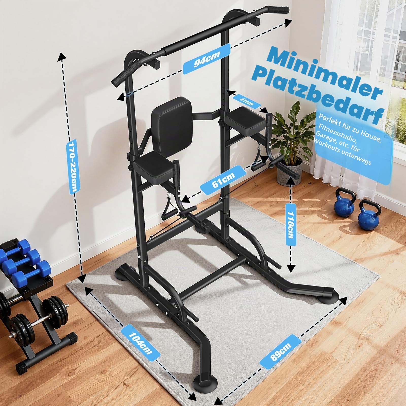 Dskeuzeew Power Tower Multifunktion Dip-Station Klimmzugstange Freistehend für power station Krafttraining keine Bohrung im Home-Gym belastbar 205 kg
