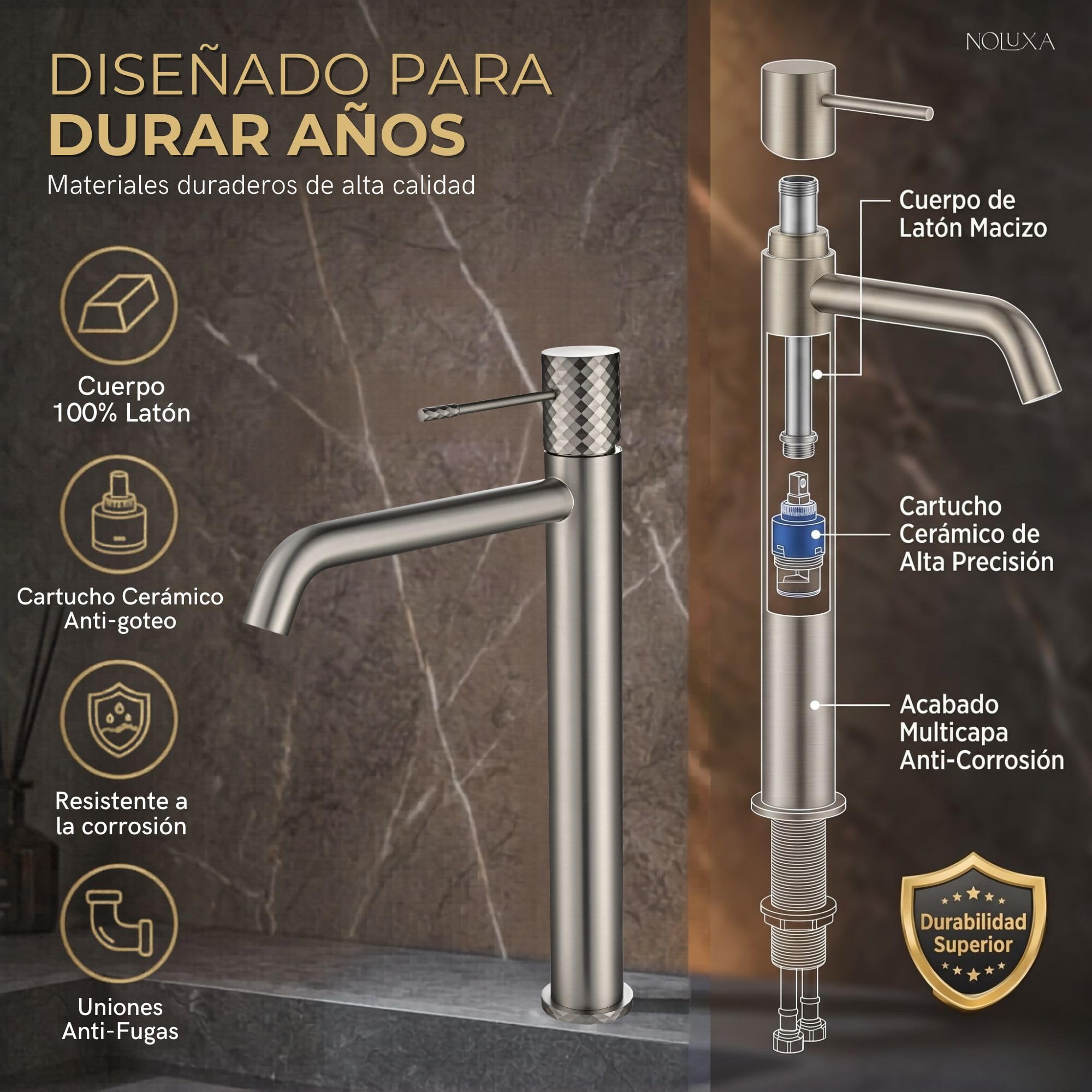 Imex - Robinet de lavabo en nickel avec bec haut | Robinet pour lavabo de salle de bain avec eau froide et chaude | Robinetterie monocommande effetus cascade avec bec en laiton | Série Gênes | Couleur