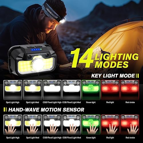 Miniatura 5 de Linterna frontal recargable, 1300 lúmenes, ligera, brillante, con linterna frontal blanca, verde, roja, impermeable, con sensor de movimiento, 14