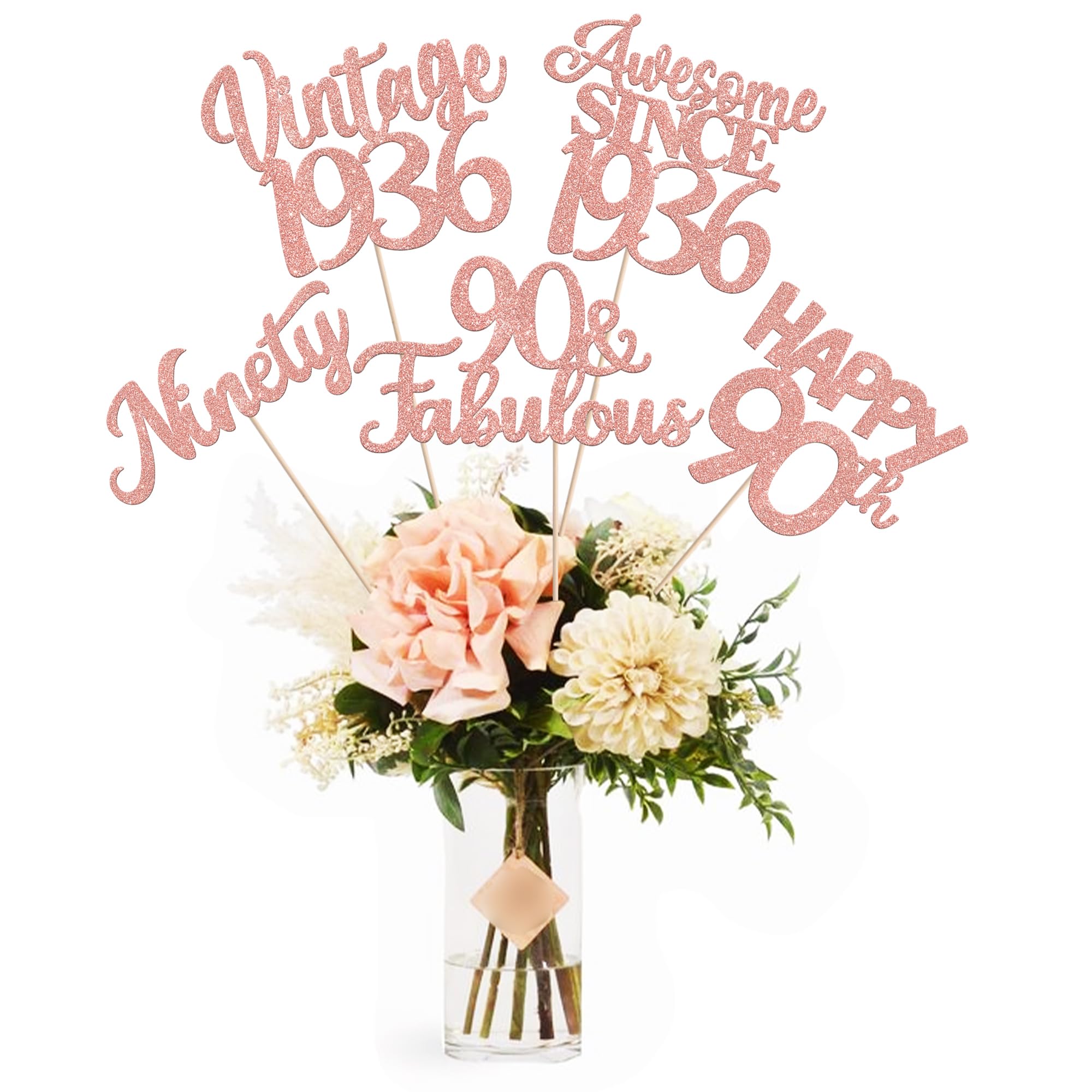 15 PCS 90th Birthday Centerpiece Sticks Double Sided Ninety Happy 90th Vintage 1936 Table Flower Centerpieces Sticks Cheers to 90 Fabulous Floral Decorations for 90th Birthday Party Supplies Rose Gold