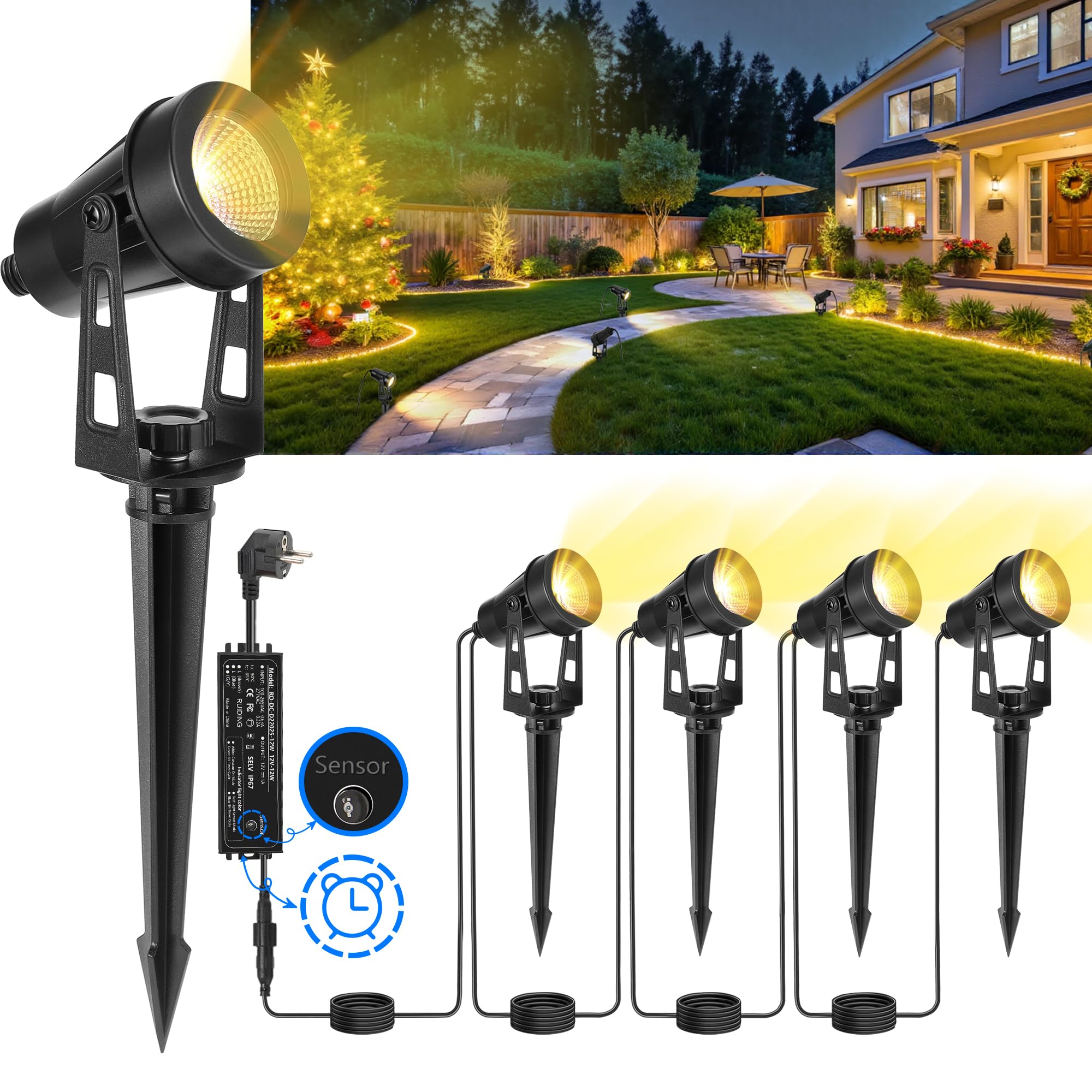 LAMPELIP Gartenbeleuchtung Mit Strom, 4er Pack/14M Gartenstrahler Led Außen Wasserdicht mit Zeitschaltuhr und Lichtsensor Funktion, 3000K Weiß 12V IP65 Strahler Außen für Gartenweg, Terrasse, Bäume