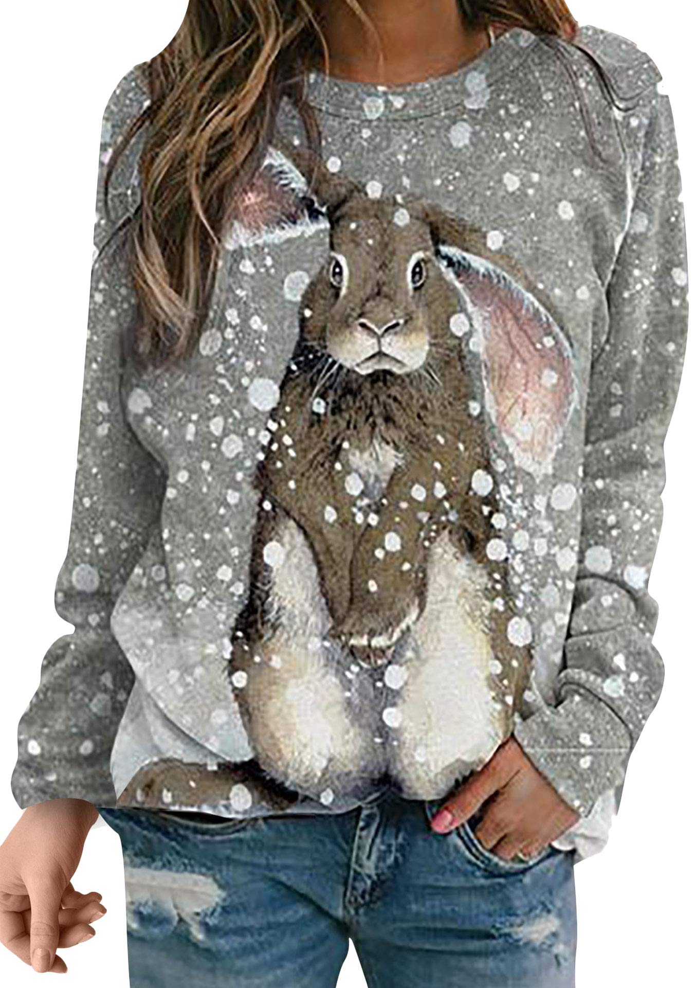 EFOFEIWomens Easter Bunny Sweatshirt Casual Cute Rabbit Tops Oversized Long Sleeve Shirt