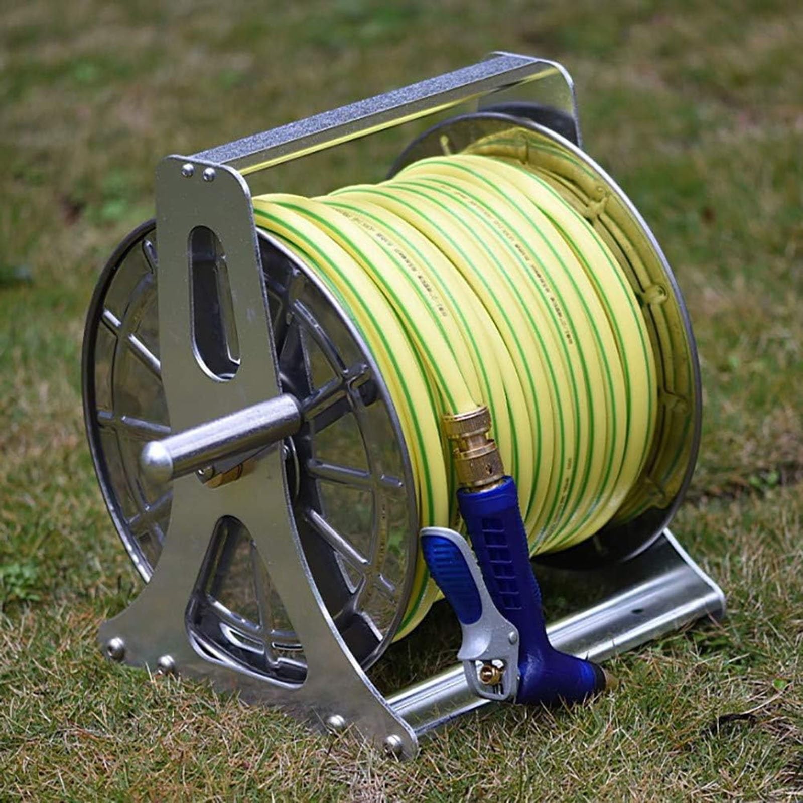 Soporte para carrete de manguera de jardín, carrito de manguera de acero inoxidable para uso en exteriores, estante de almacenamiento de manguera portátil resistente