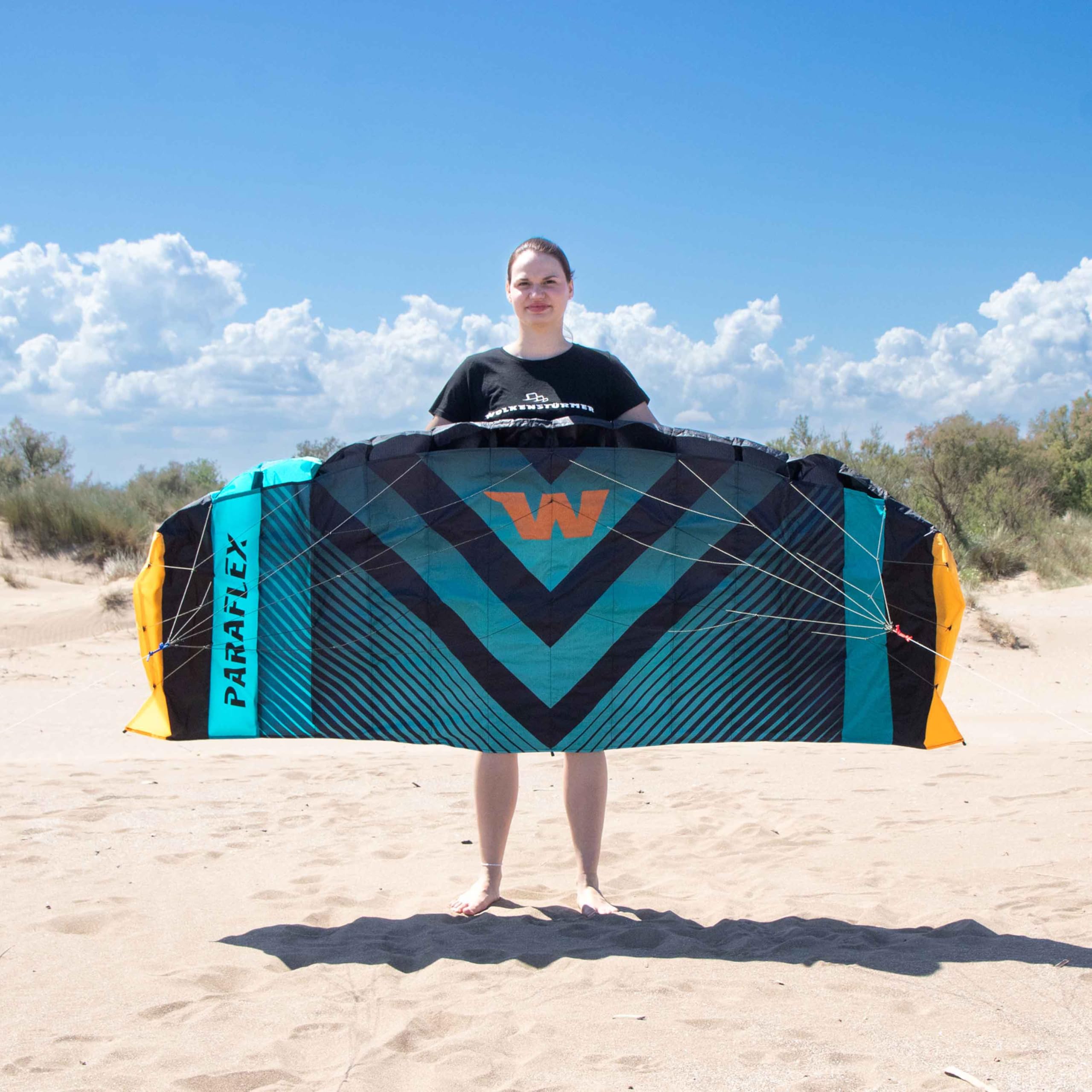 Wolkenstürmer Paraflex Sport 2.3 Lenkmatte (schwarz-türkis) - Modell 2026, flugfertiger Kite mit Lenkstange & Dyneema-Leinen, Lenkdrachen, Ready to Fly
