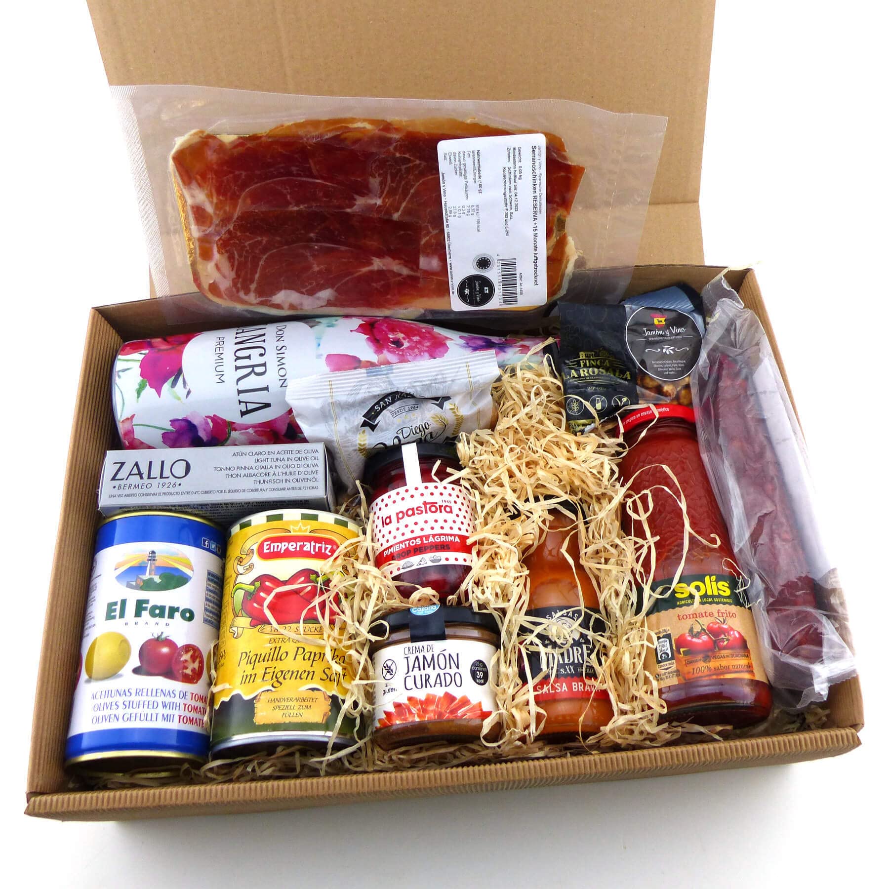 Geschenkbox „Spanischer Sommer“ – spanische Tapas & Spezialitäten mit Sangría, Serrano Schinken, Chorizo, Oliven & Dips – mediterranes Geschenkset | Präsentkorb | Geschenkkorb