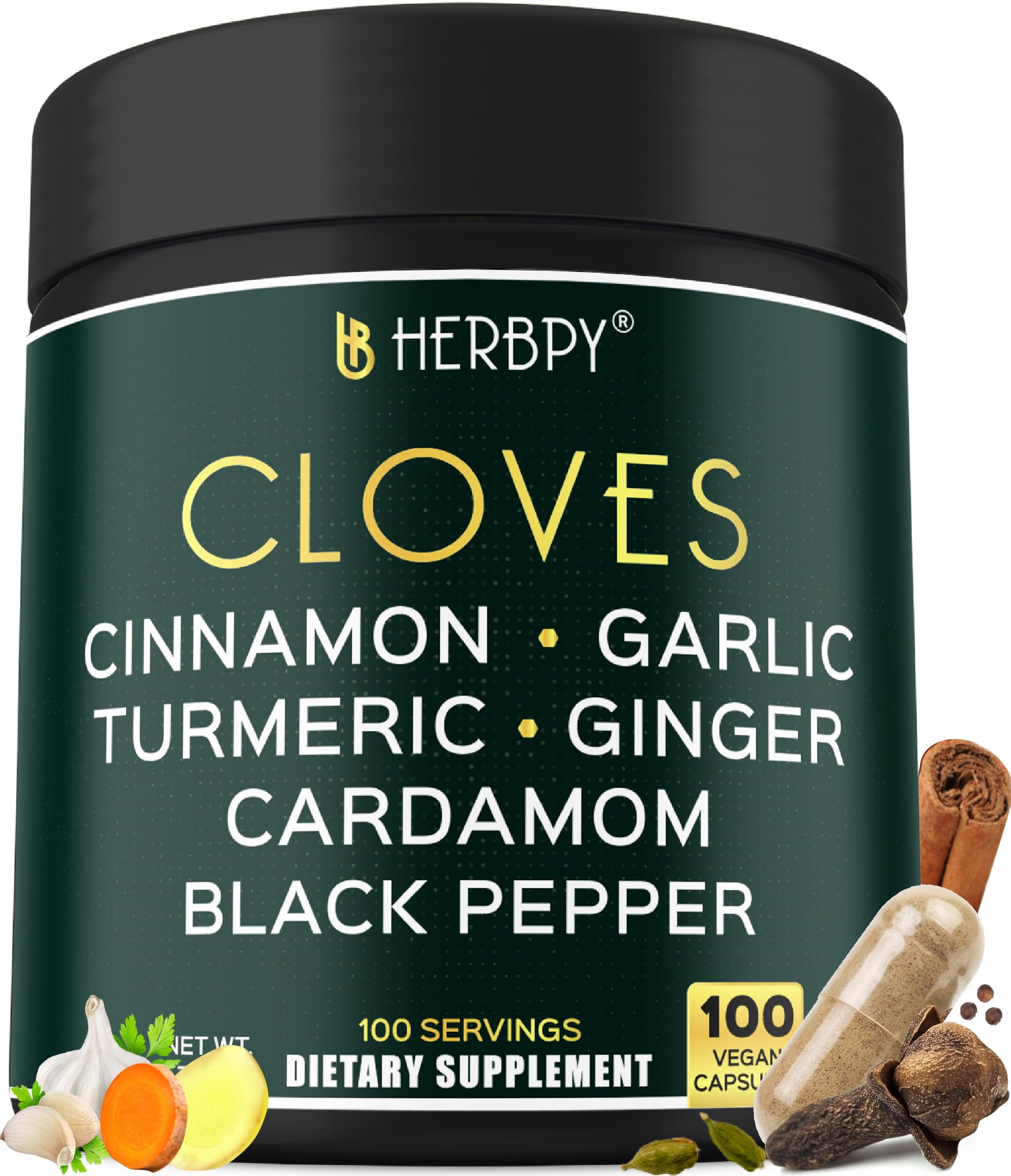 7in1 Clove Supplement Reich an Vitaminen & Minerals unterstützt Verdauung, Immun- & Herz-Gesundheit mit Cinnamon, Turmeric, Ginger, Cardamom, Knoblauch & Schwarz Pfeffer - 100 Vegan Kapseln