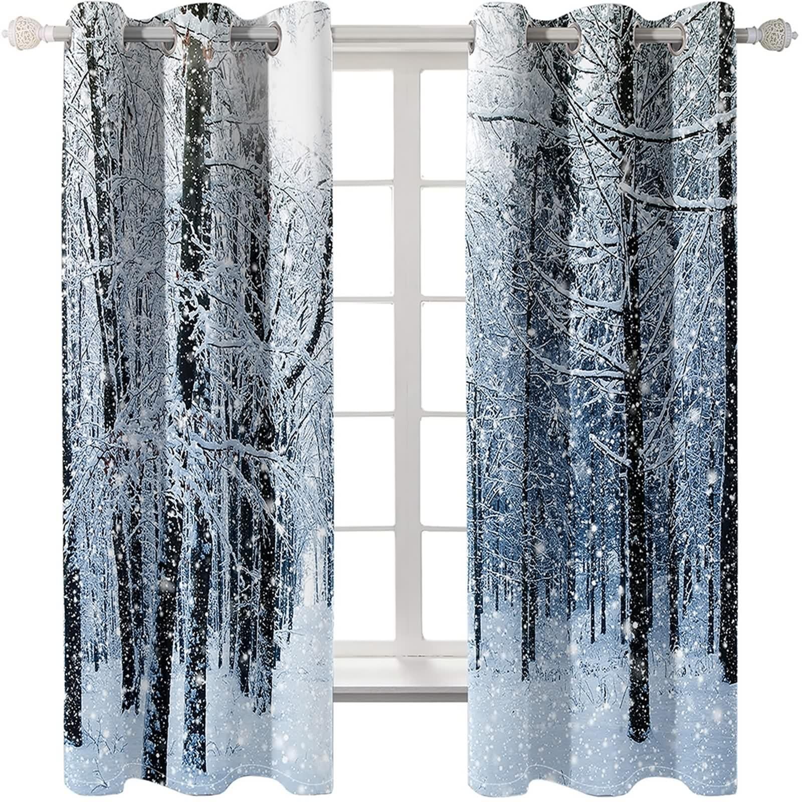 Rideaux Salon Moderne, Rideau Stof Polyester Gris Noir Paysage de Forêt Enneigée et Ensoleillée 86L x 160H CM Lot de 2