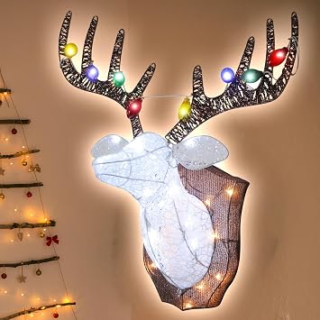 26 White Christmas Deer Head Wall Decoration with Lights,3D Lighted-up White Reindeer Head Indoor Hanging Door Window Decor Xmas Holiday Display