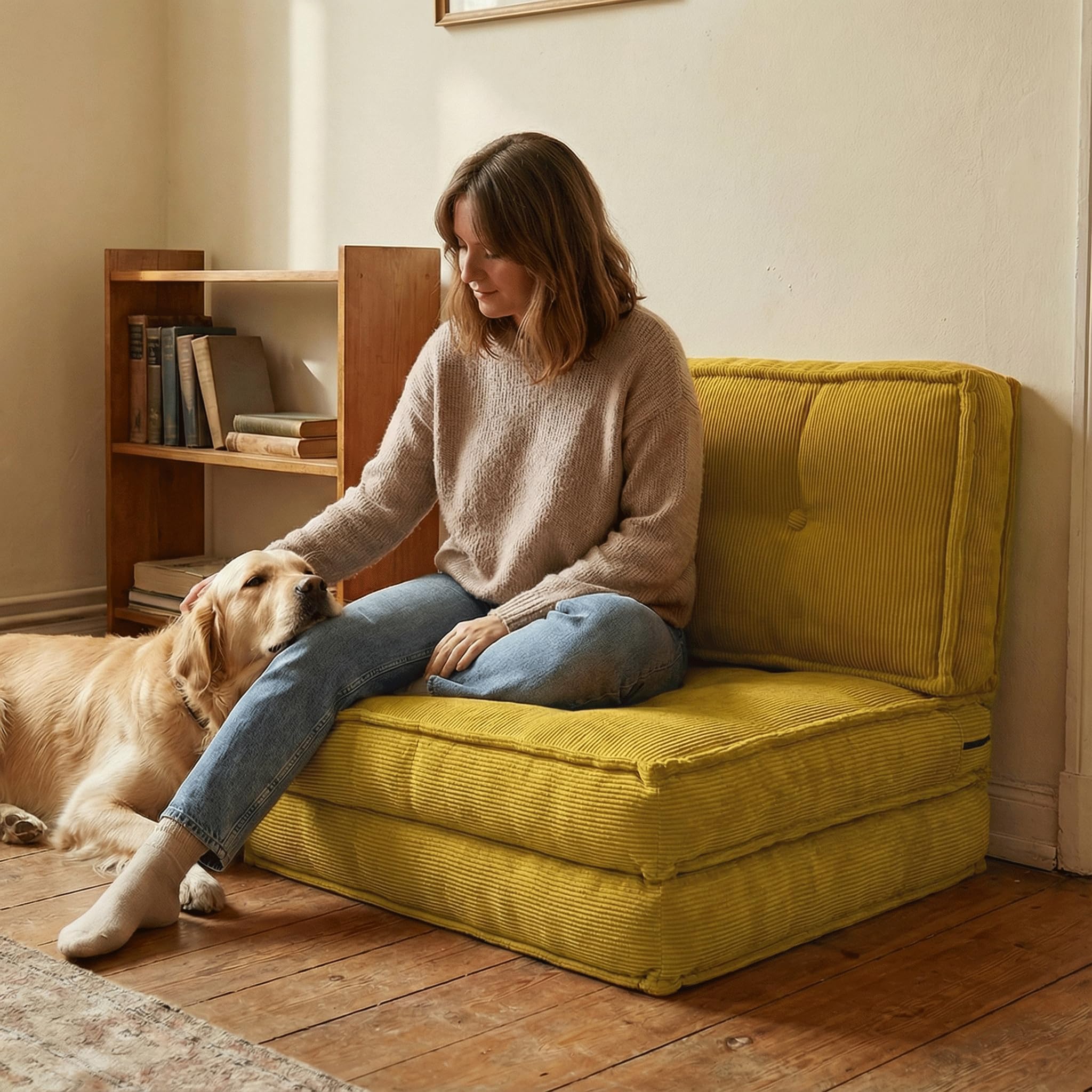 Fabulcozy Poltrona Letto 4-in-1, Schienale Regolabile 5 Posizioni in Velluto a Coste, Struttura in Ferro, Maniglia e Cinghie, Poltrona Multiuso per Soggiorno, Ufficio,Giallo