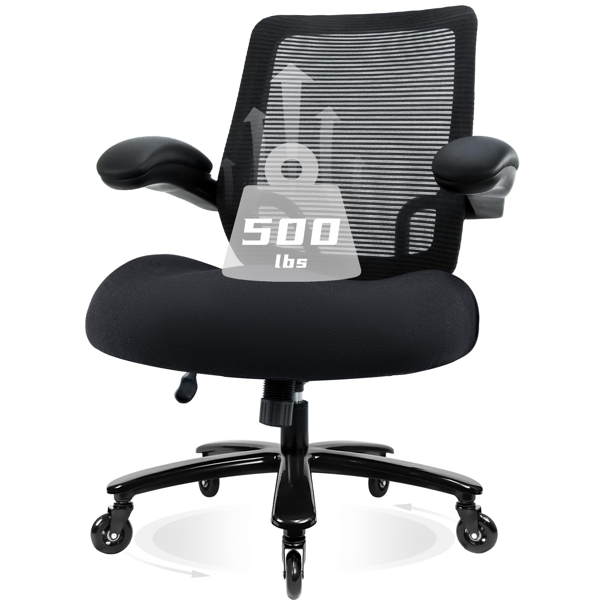 500LBS Big and Tall Office Chair with Flip-up Armrest, Executive Chair with Mesh Backrest, 3" Caster Wheels for Hard Floor&Carpet, Comfort Heavy Duty Office Chair for Heavy People, Black