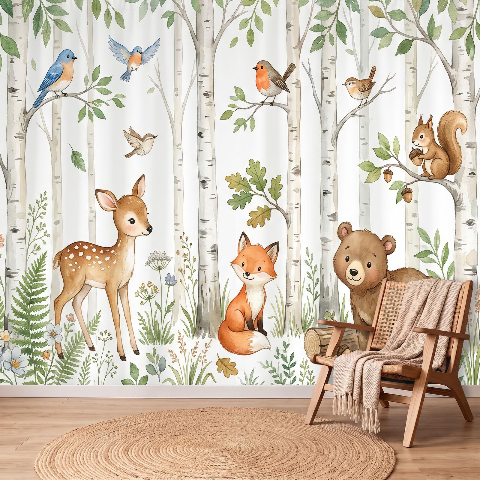 Fototapeta z włókniny, zwierzęta, las, jeleń, lisy, ptaki, fototapety, do salonu, sypialni, tapeta na flizelinie, tapeta ścienna, efekt 3D, 350 x 256 cm