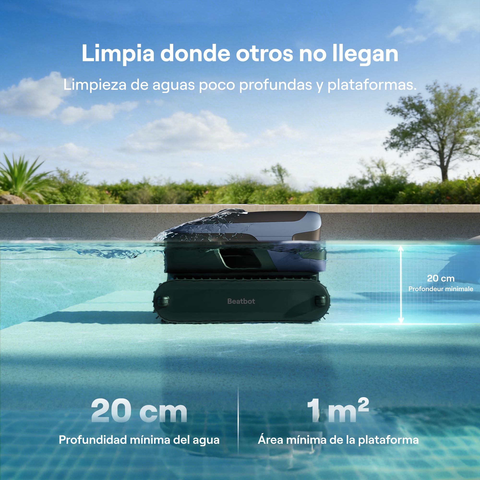 (2026 Nuevo)Beatbot Sora 70 Robot Piscina limpiafondos y Paredes: Limpieza de Superficie y Línea de Agua, 25700 LPH, Aparcamiento en Superficie, Depósito 6L, piscinas enterradas/elevadas hasta 300 m²