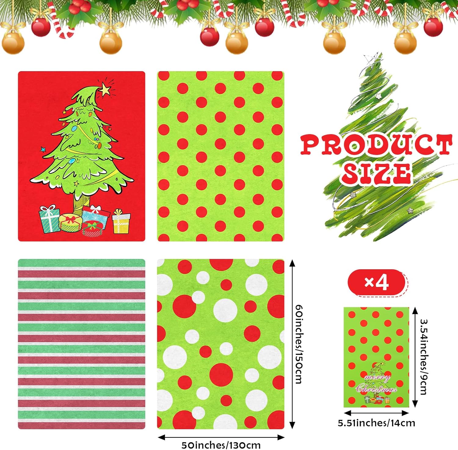 4 Pack Christmas Blankets Throws Bulk, 50"x 60" Green and Red Flannel Xmas Tree Throw Blankets with Greeting Cards, Cute Soft Fuzzy Cozy for Sofa Couch Bedding Christmas Decor Gifts