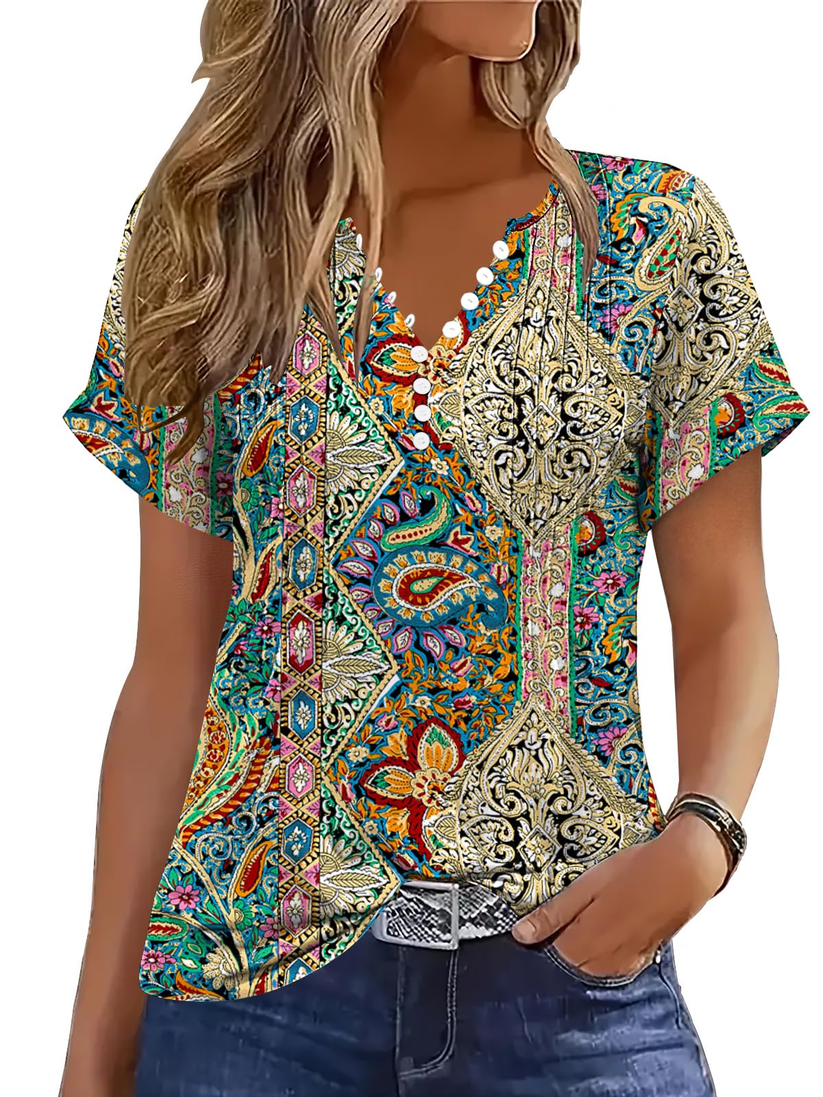 Soesdemo Short Sleeve Shirts for Women V Neck Button Down Floral Soft Boho Womens Blouses Casual Loose Fit Peasant Blouse