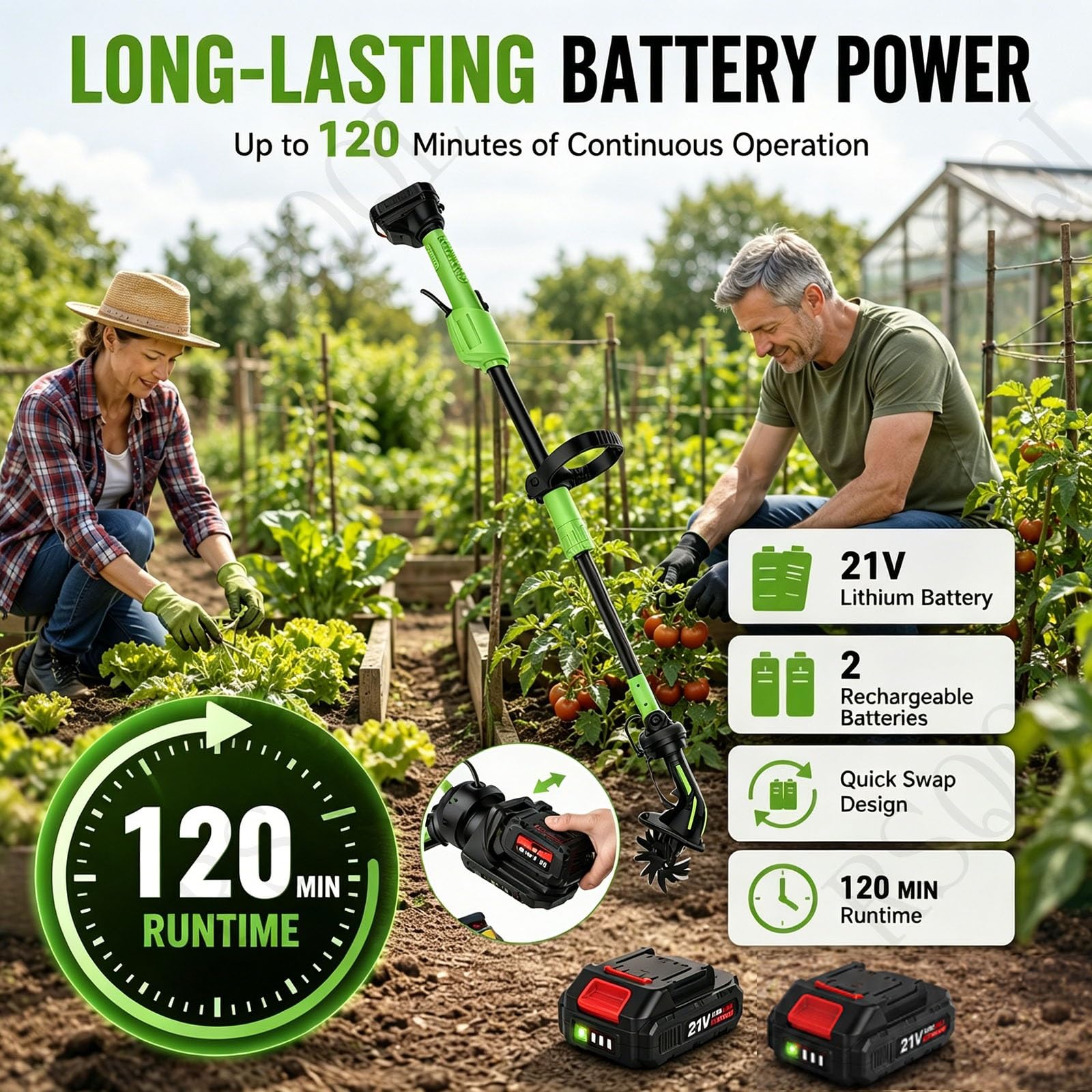 Mini coltivatore a batteria 2 in 1 da 550 W con 2 batterie, 235 giri/min, coltivatore for terreno con larghezza e profondità 4" con asta di prolunga, for aiuole da giardino